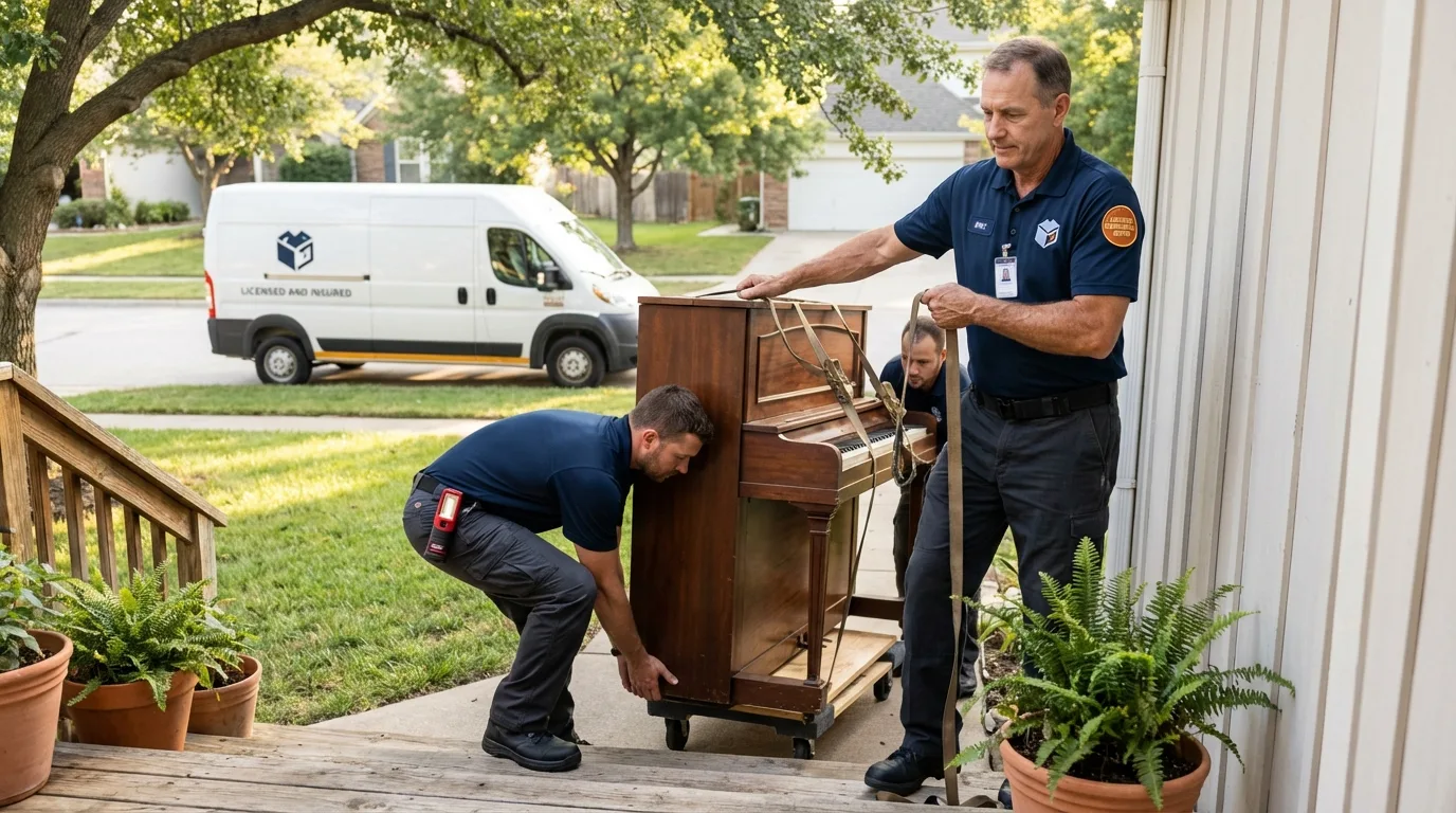 Licensed piano movers securing grand piano in Cave Junction, OR