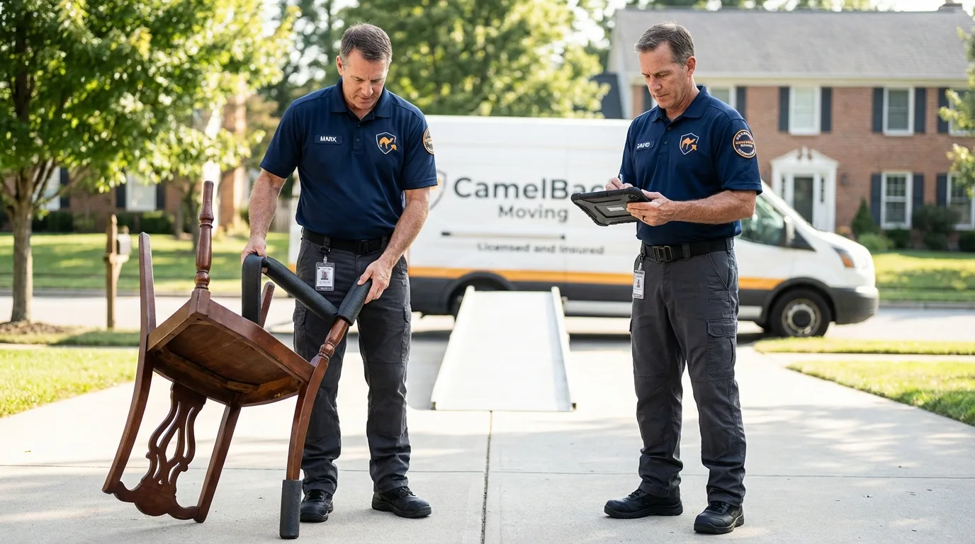 Movers inspecting furniture for damage prevention before loading in Cave Junction, OR